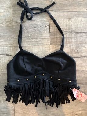 SHEIN Black Fringe Halter Crop Top with Stud Accents